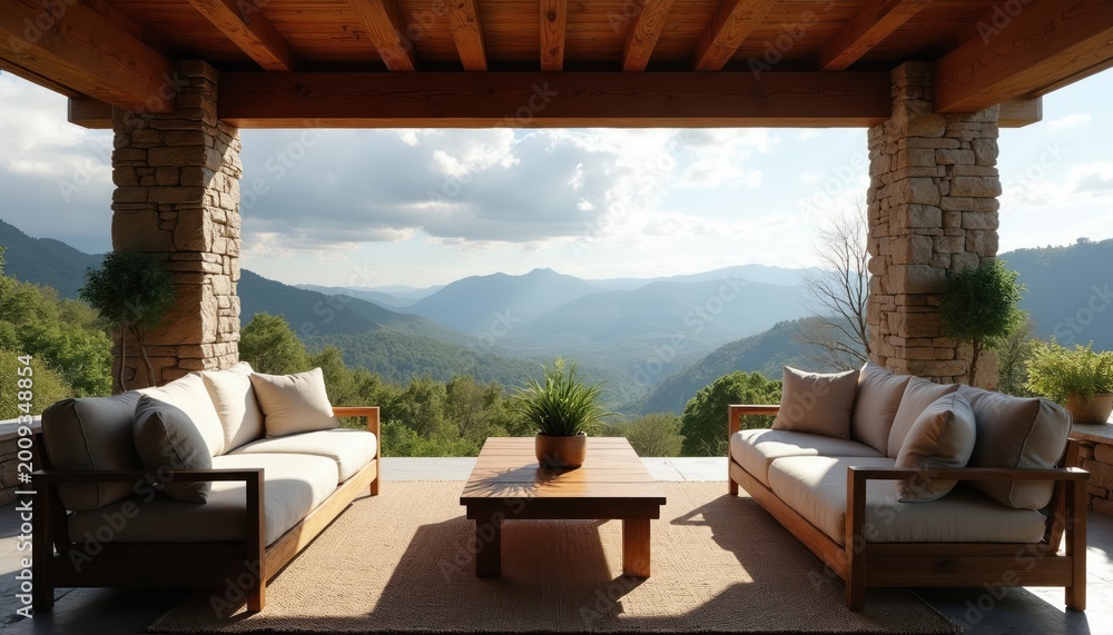 Fototapeta premium Modern patio with sofas and coffee table offers valley view from mountain. Stone columns and wooden roof create rustic vibe. Seating area for relaxation and comfort.