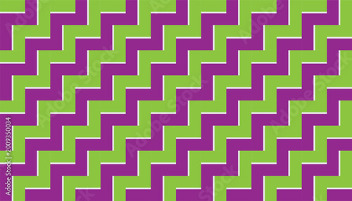 Seamless geometric zigzag pattern with vibrant purple and lime green steps. Abstract diagonal stair vector background.