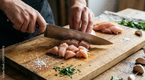 Chicken Being Chopped by Hand on a Wooden Cutting Board