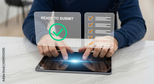Man completing online form on tablet ready to submit digital document