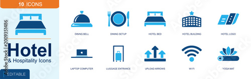 Hotel and hospitality icon set. Containing dining bell, dining setup, hotel bed, hotel building, laptop, luggage entrance, upload arrows, wifi, yoga mat and more. Solid fill vector icons.