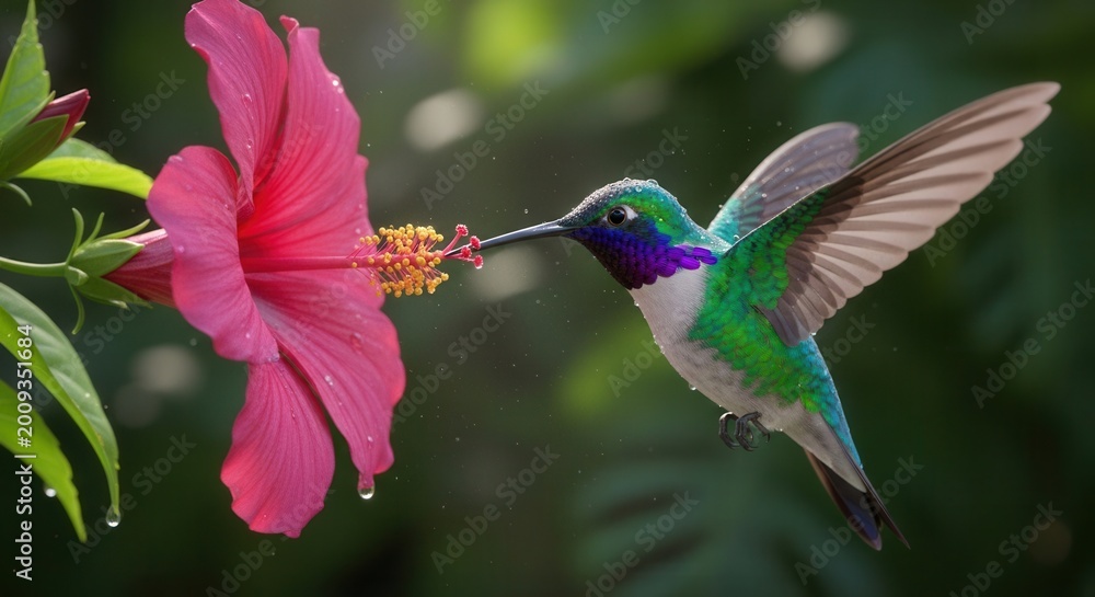 Fototapeta premium Hummingbird feeding on vibrant pink hibiscus flower close up