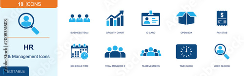 Human resources icon set. Containing business team, growth chart, ID card, pay stub, schedule time, team members, time clock, user search, open box and more. Solid fill vector icons.