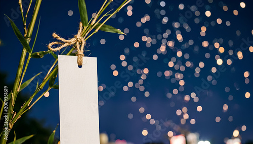 幻想的なボケを背景にした七夕の笹と白い短冊 / Tanabata bamboo and white tanzaku with fantasy bokeh background (Generative AI)