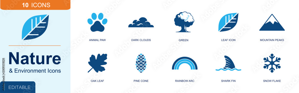 Obraz premium Nature and environment icon set. Containing animal paw, dark clouds, green globe, leaf icon, mountain peaks, oak leaf, pine cone, rainbow arc, shark fin and more. Solid fill vector icons.