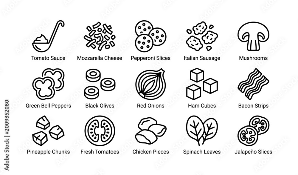 Naklejka premium Pizza topping icons with labels arranged in grid layout