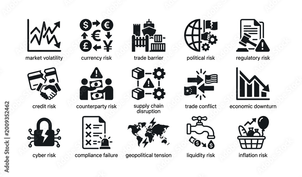 Obraz premium Business risk icons arranged in a grid on white background