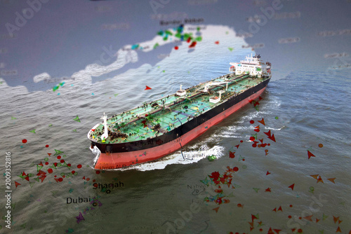 Photography Oil tanker navigating the Strait of Hormuz with maritime traffic overlay