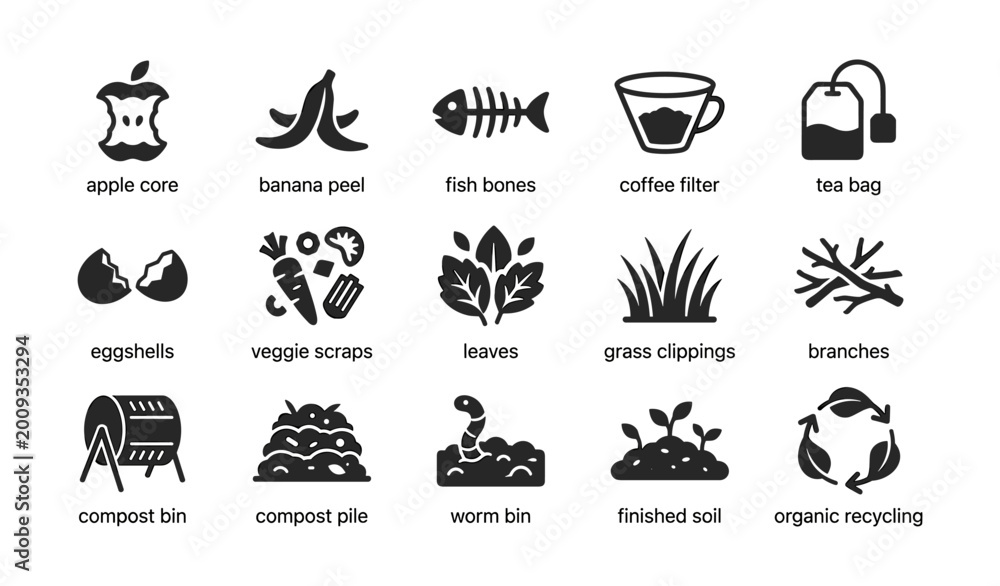 Obraz premium Organic waste and compost icons arranged in grid on white background