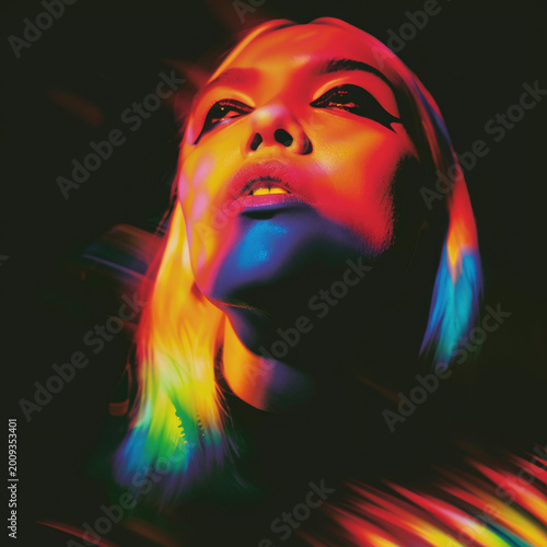 Portrait of a woman girl with neon lights colors close-up to photography element