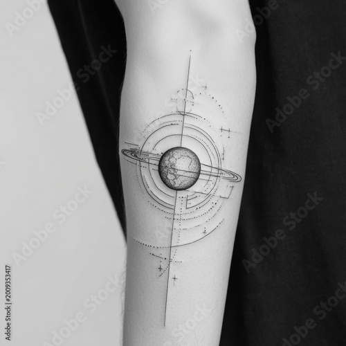 Arm with tattoo of a planets abstract space illustration concept graphic