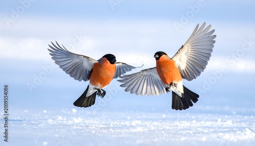 Two vibrantly colored birds with widespread wings fly above a snow-covered terrain against a soft, bright backdrop. Their details are clear