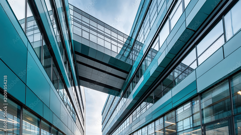 Obraz premium Modern corporate architecture with a glass and steel skybridge connecting office buildings. Symbolizing global connectivity. Urban development
