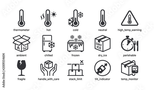 Packaging temperature and handling icons on white background