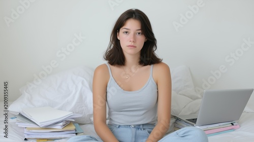 Tired woman sitting on her bed surrounded by open notebooks and a laptop, soft morning light barely illuminating her tired expression.