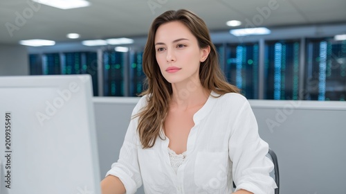 Focused young female IT professional working on a desktop computer in a modern data center. Server room background. Concept of cybersecurity, cloud computing, database management.