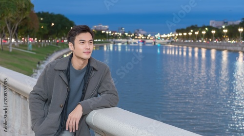 Handsome young Asian man in a winter coat leaning on a railing by the urban river. Peaceful evening city lifestyle concept with beautiful illuminated city lights and water reflections at dusk.