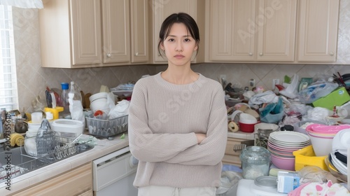 Asian woman standing in a cluttered kitchen, overwhelmed by household tasks, warm yet chaotic lighting emphasizing life pressures.