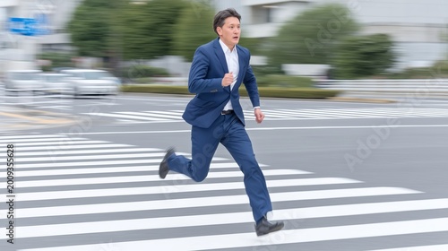 Energetic Asian businessman in a blue suit running fast across a city crosswalk. Concept of being late for work, rushing to a meeting, business competition, and fast-paced urban lifestyle.