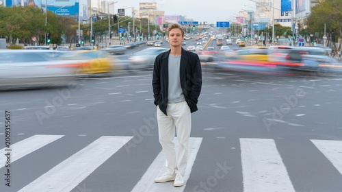 Stylish young man standing still at a busy city crosswalk with blurred traffic streaming past. Concept of urban lifestyle.