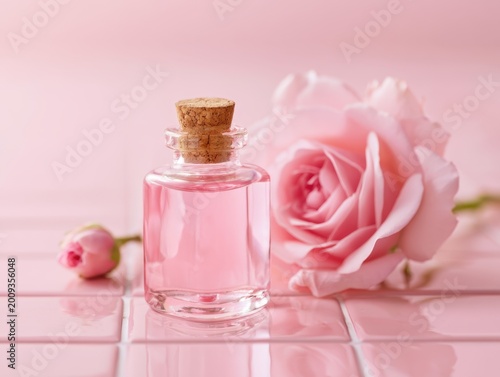 Minimal pink flat lay with glass serum bottle and roses on tiled surface, soft feminine composition highlighting natural beauty, skincare and romantic aesthetic.