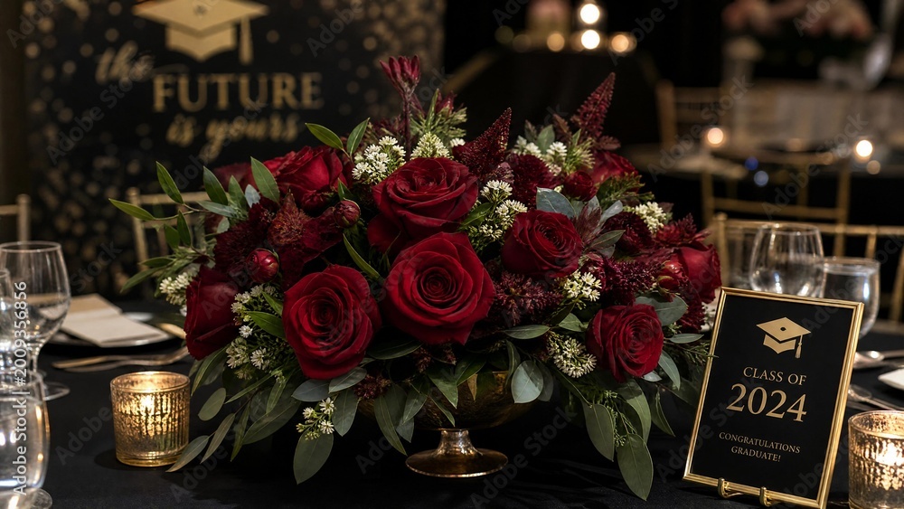 Obraz premium Elegant Class of 2024 Graduation Party Dinner Table with Red Rose Centerpiece