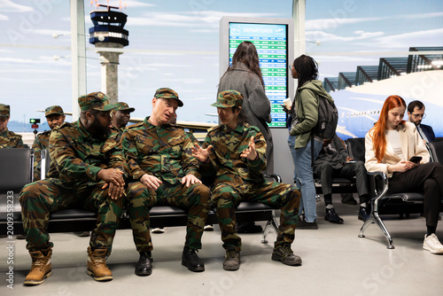 Billede på lærred Chatting, going home and patriotic army soldiers sitting on airport lounge bench