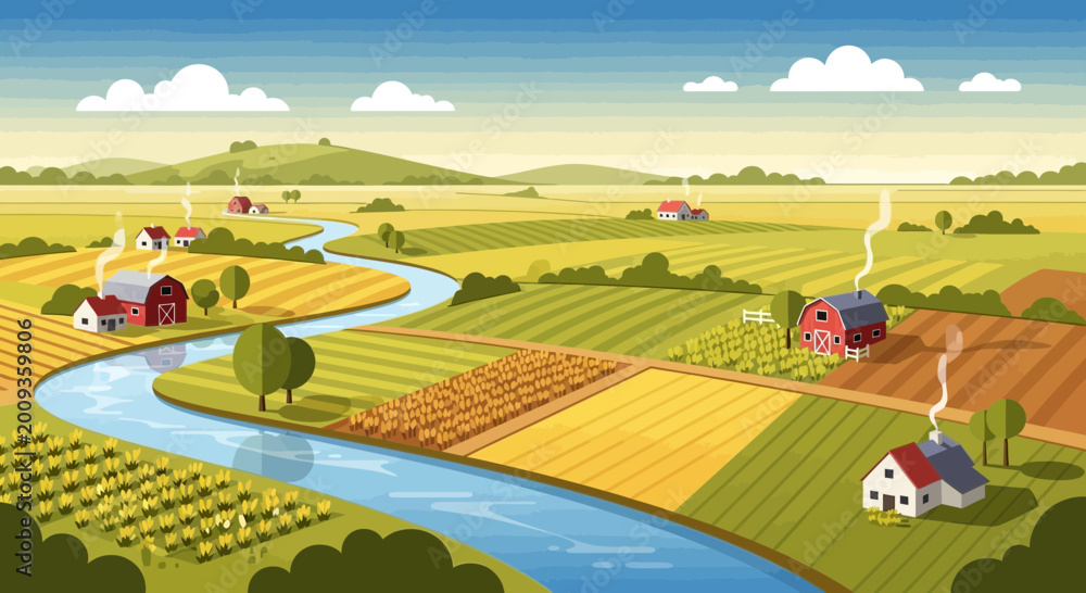 Naklejka premium Farmhouse and fields with river landscape.
