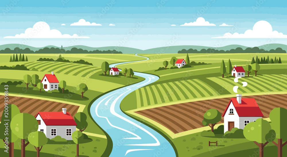 Naklejka premium Houses along a winding river landscape 5.