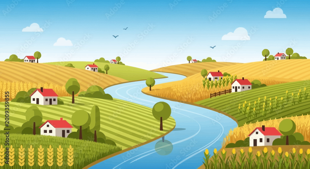 Naklejka premium Houses along a winding river landscape 10.