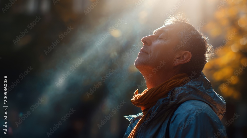 Obraz premium Mature man enjoying a refreshing mist spray in the warm sunlight outdoors