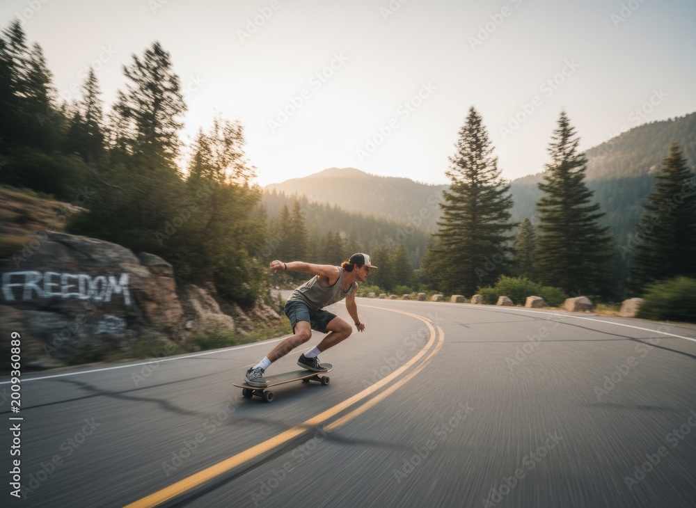 Obraz premium Skateboard, fast and mountain with man in road for speed, freedom and summer