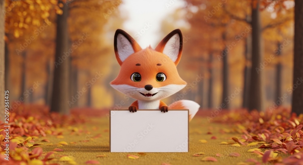 Fototapeta premium Cute Fox Holding Sign in Autumn Forest