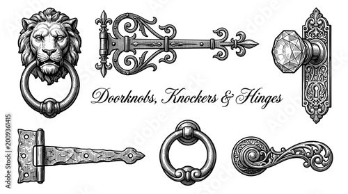 Vintage Door Hardware Set: Ornate Engraved Lion Head Knocker, Decorative Hinges, and Antique Doorknobs Vector Illustration