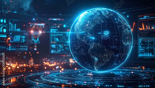 Futuristic Glowing Blue Digital Earth Globe Hologram In High Tech Command Center With Neon Data Screens And Bokeh Background Lights