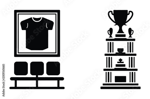 Fotografie Sports memorabilia display with trophies and displayed jersey, championship