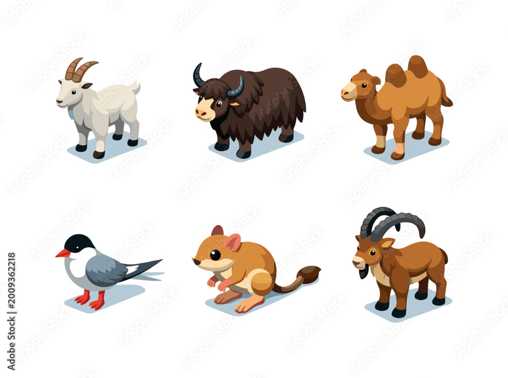 Obraz premium Collection of six isometric cartoon animals including a goat, yak, camel, bird, gerbil, and ibex