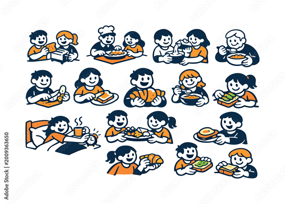 Fototapeta premium Diverse family members enjoying various breakfast meals together in a charming illustration