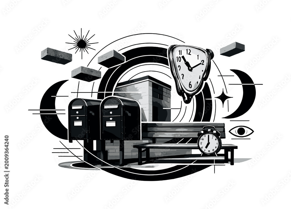 Obraz premium Surreal composition of urban elements with clocks and mailboxes