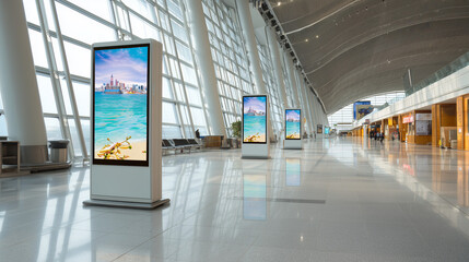 Modern airport terminal with digital screens displaying beach scenes in a sleek interior with large windows and polished floors