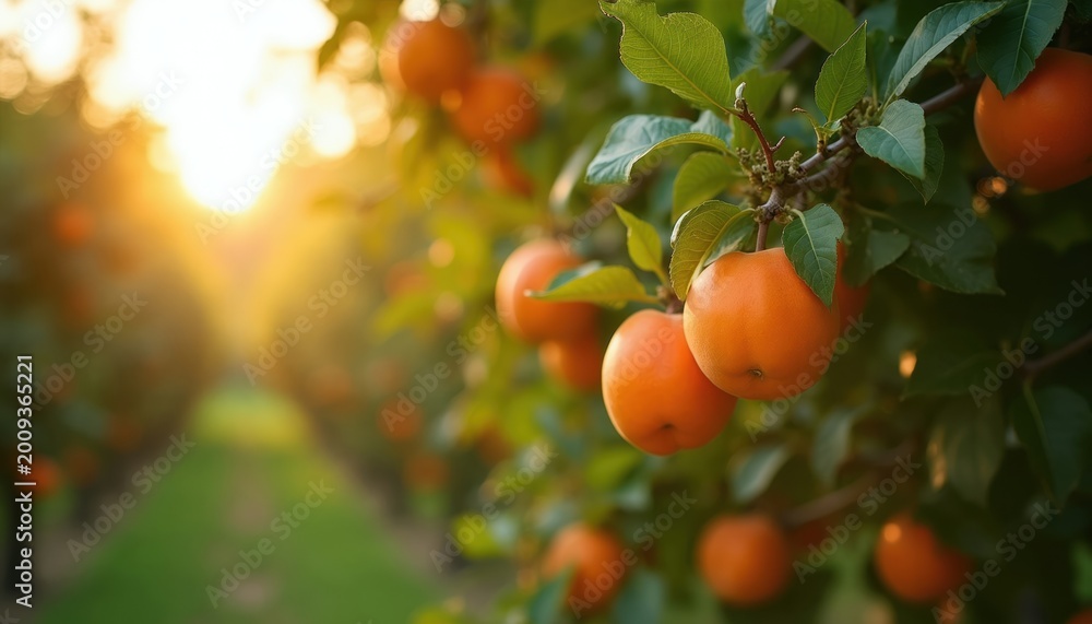 Naklejka premium Orange fruits grow on tree branches. Sun shines through green leaves on orchard path. Ripe apricots ripen in garden sunlight. Fresh nature harvest.