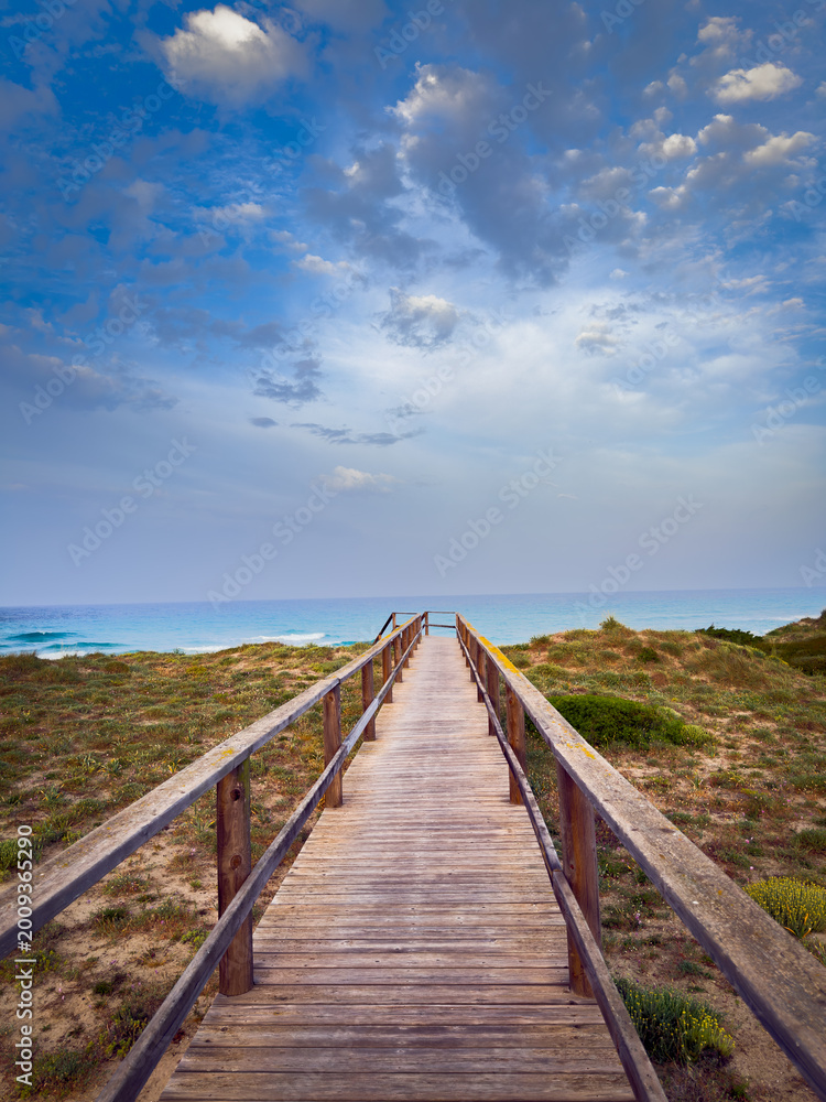 Obraz premium Son bou beach wooden boardwalk approaching mediterranean sea.
