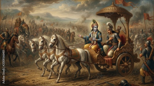 Krishna and Arjuna in conversation on the chariot, symbolizing divine guidance and duty in the Mahabharata.
