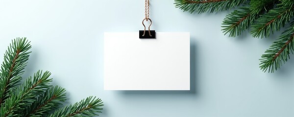 Minimalist Christmas card mockup with evergreen branches. Blank white space for your message or greeting. Festive, clean background for winter holidays.
