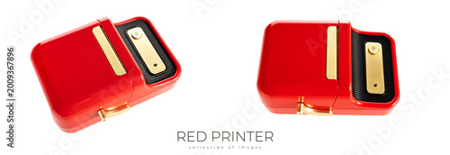 Small red printer for printing labels isolated on white background.