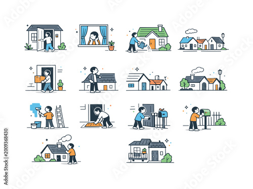 Collection of charming doodles depicting everyday life and home activities