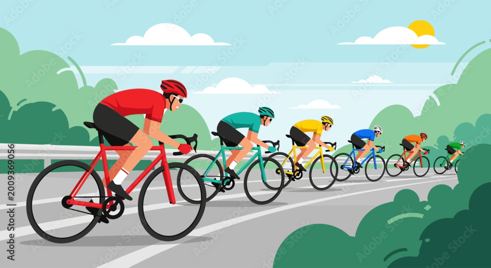 Fototapeta premium A group of cyclists race down a scenic road surrounded by lush green trees and a bright blue sky on a sunny day
