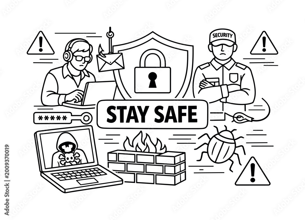 Fototapeta premium Cyber security concept with hacker, guard, and digital threats illustration