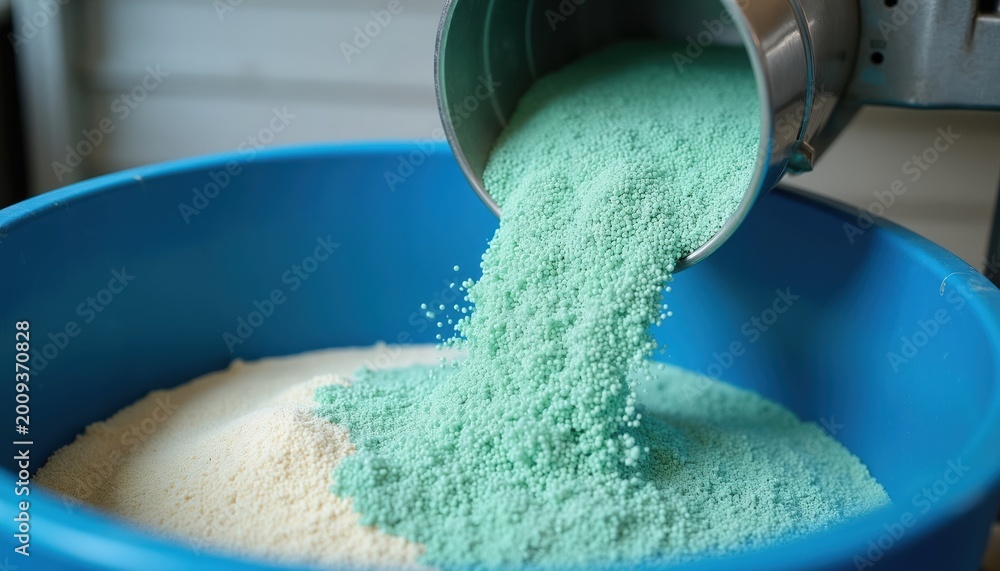 Obraz premium Turquoise granular fertilizer pellets pour into blue tub with white powder. Agriculture plant food mixes for crop growth. Industrial farming supply.