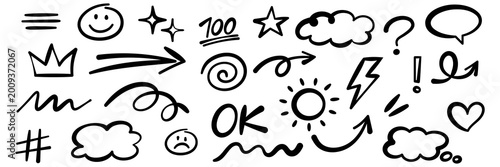 Set of 30 hand drawn doodle symbols including arrows, stars, hearts, crowns, speech bubbles, and emoji faces. Perfect for fun cartoon designs.